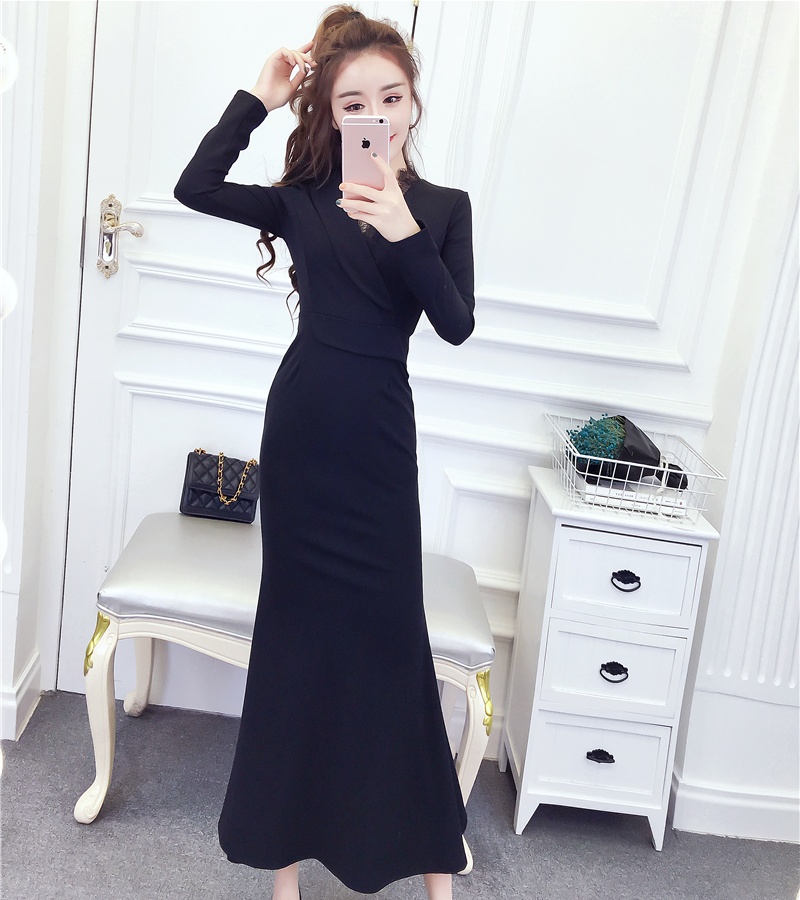 Package hip autumn and winter formal dress splice slim dress