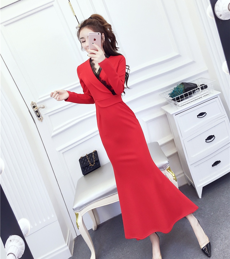 Package hip autumn and winter formal dress splice slim dress