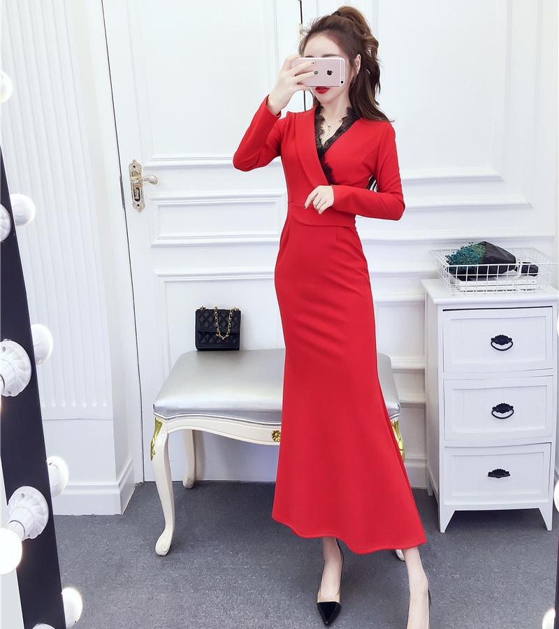 Package hip autumn and winter formal dress splice slim dress