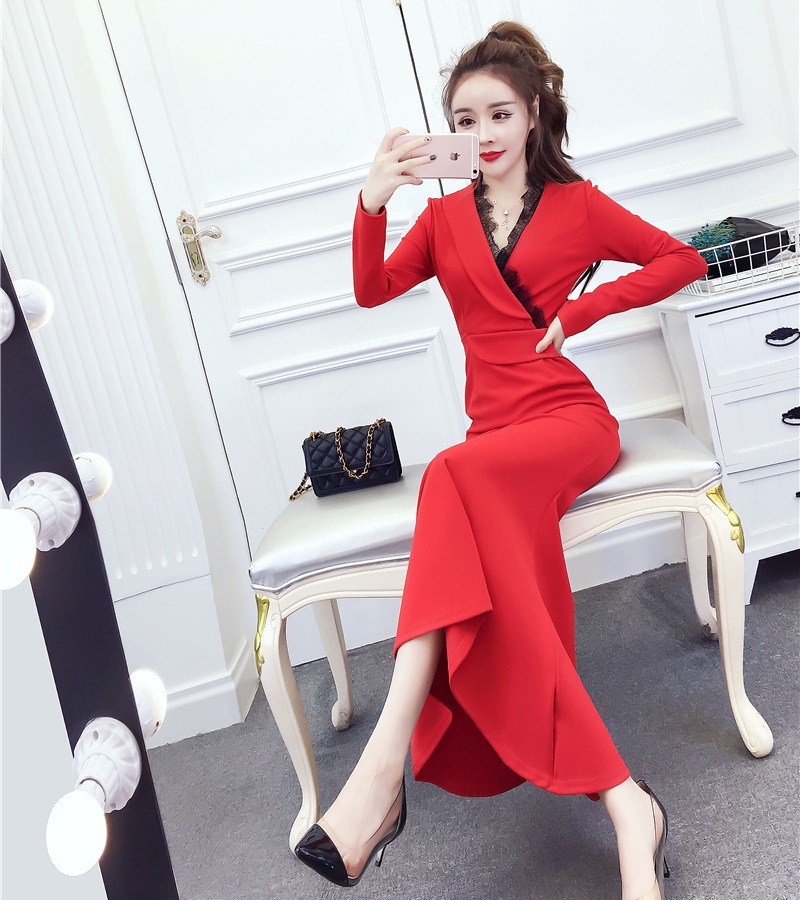 Package hip autumn and winter formal dress splice slim dress