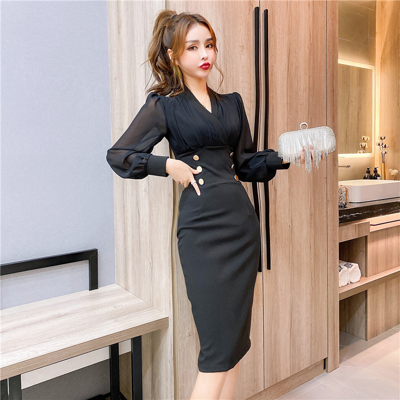 Chiffon fashion splice long sleeve dress