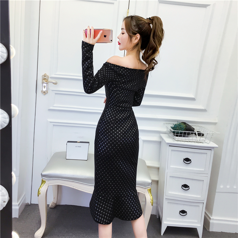 Fashion long horizontal collar strapless dress