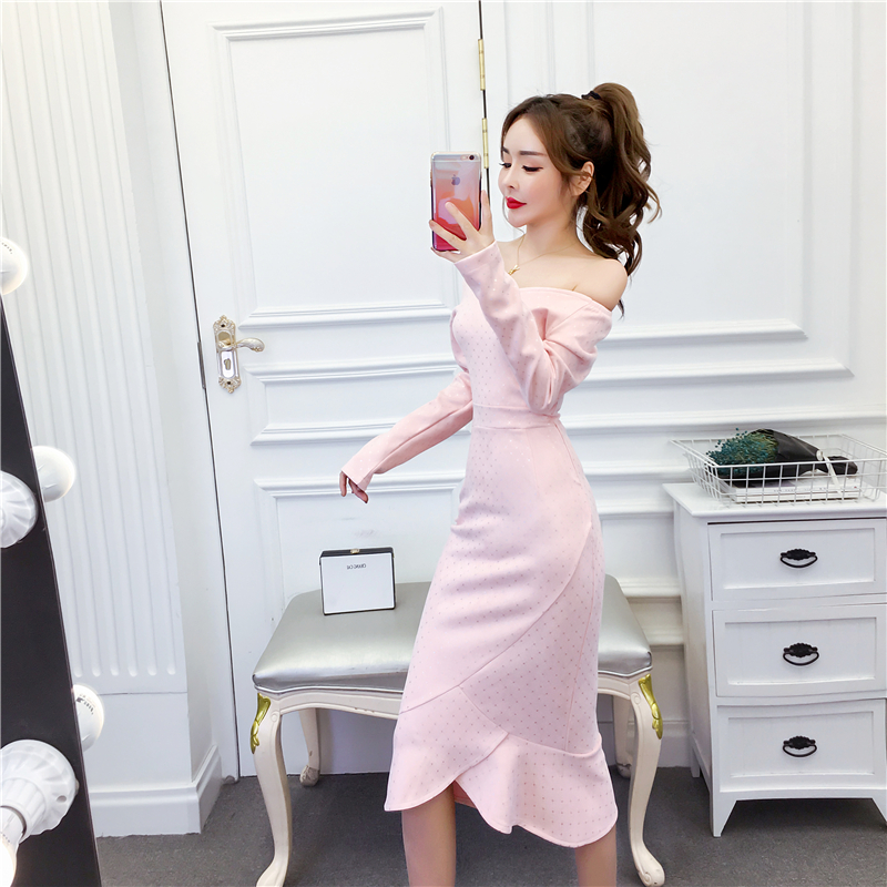 Fashion long horizontal collar strapless dress