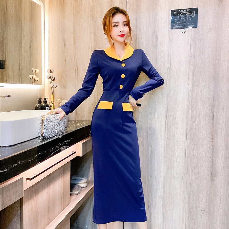 Single-breasted lapel dress mixed colors long dress