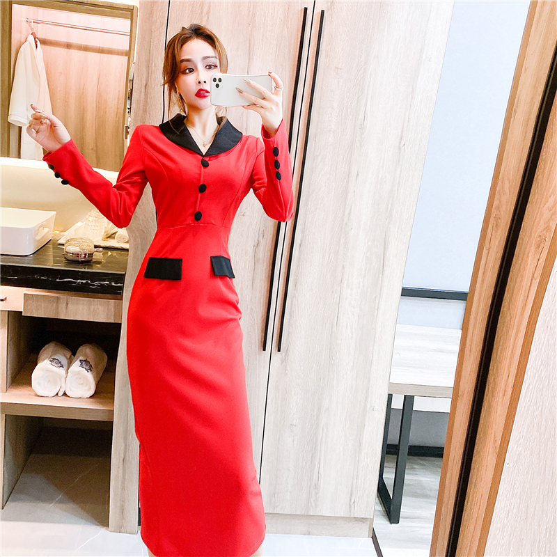 Single-breasted lapel dress mixed colors long dress