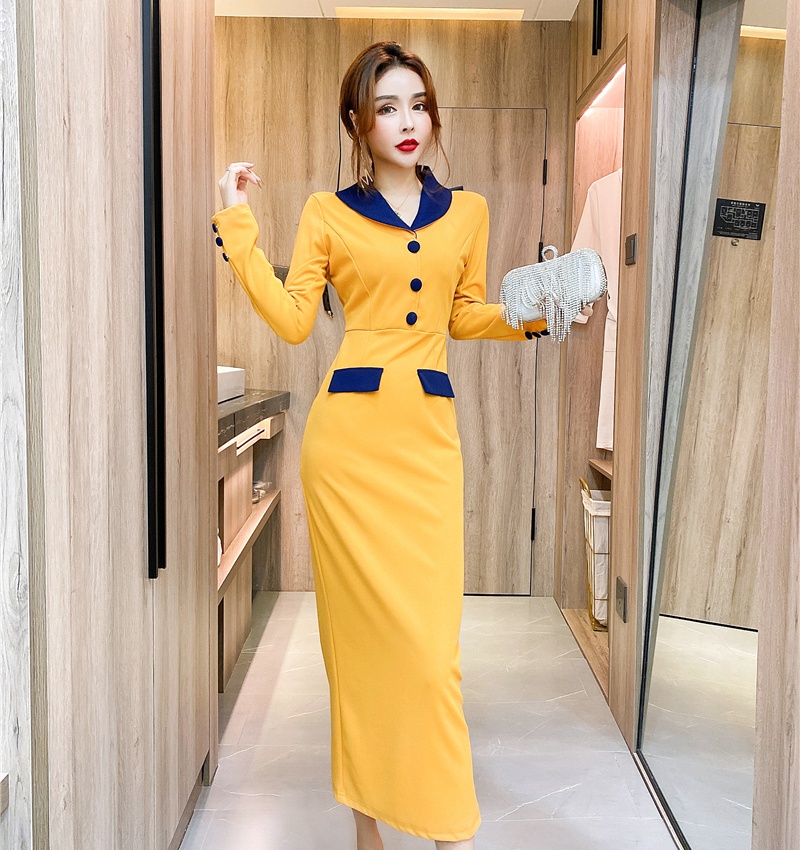 Single-breasted lapel dress mixed colors long dress