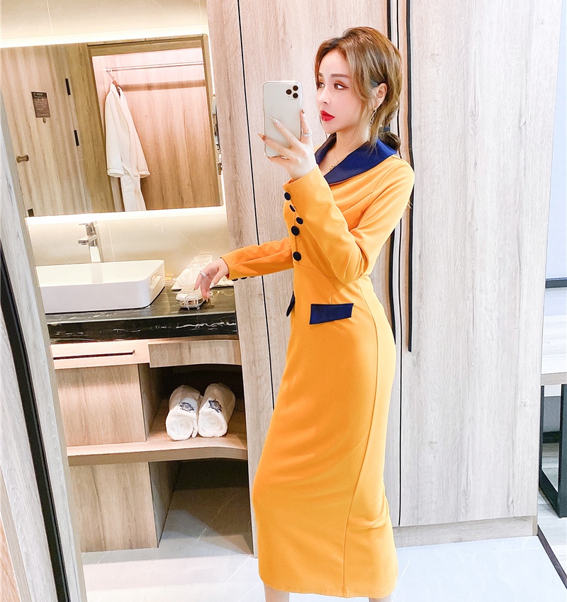 Single-breasted lapel dress mixed colors long dress