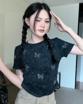 Pinched waist butterfly tops rhinestone round neck T-shirt