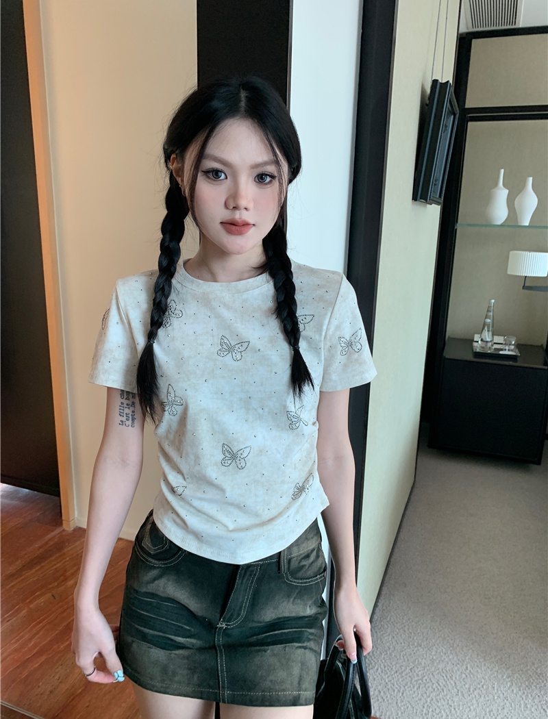Pinched waist butterfly tops rhinestone round neck T-shirt