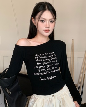 Long sleeve letters printing sloping shoulder tops for women