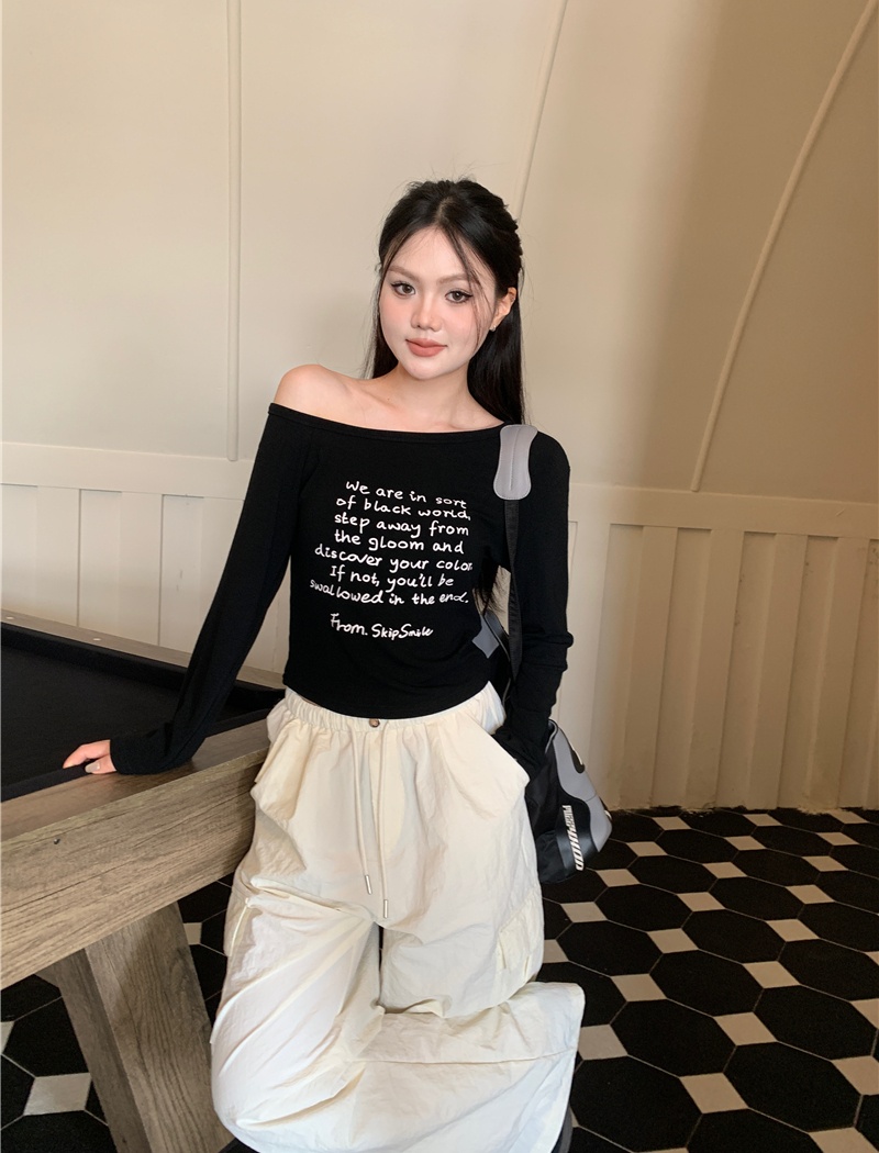 Long sleeve letters printing sloping shoulder tops for women