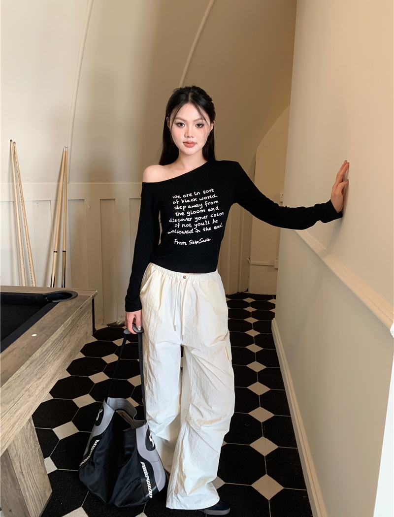 Long sleeve letters printing sloping shoulder tops for women