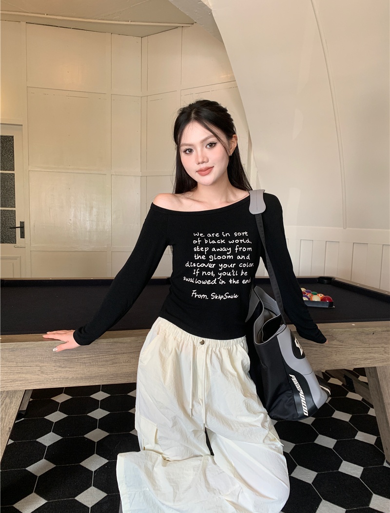 Long sleeve letters printing sloping shoulder tops for women