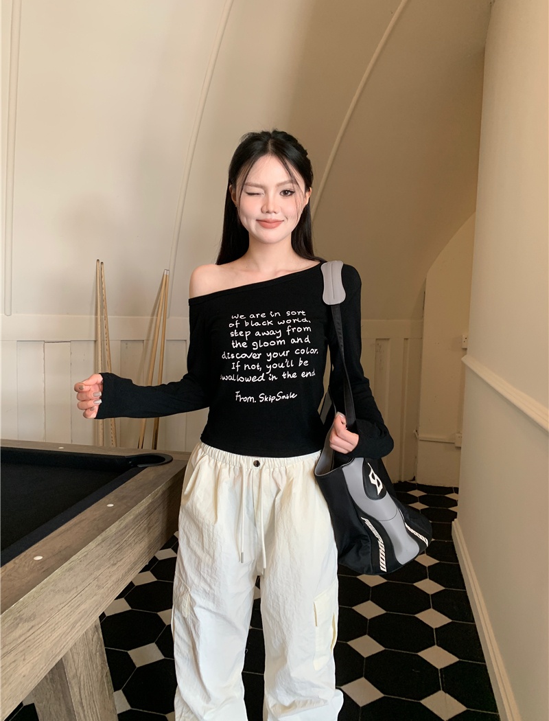 Long sleeve letters printing sloping shoulder tops for women