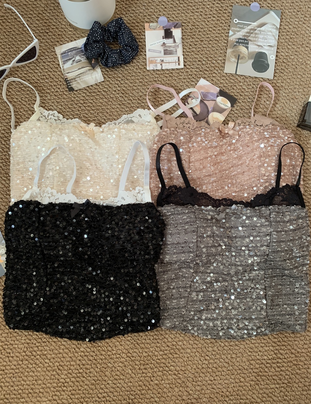 Lace enticement with chest pad sequins splice sling vest
