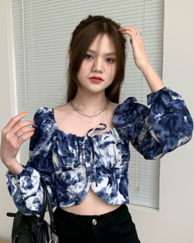 Square collar puff sleeve tie dye short long sleeve shirt