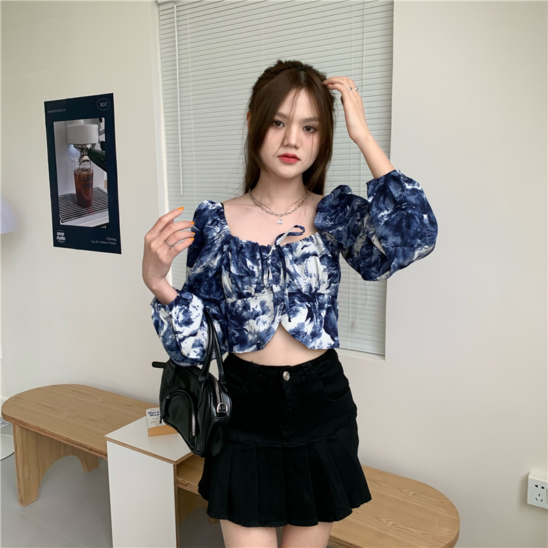 Square collar puff sleeve tie dye short long sleeve shirt