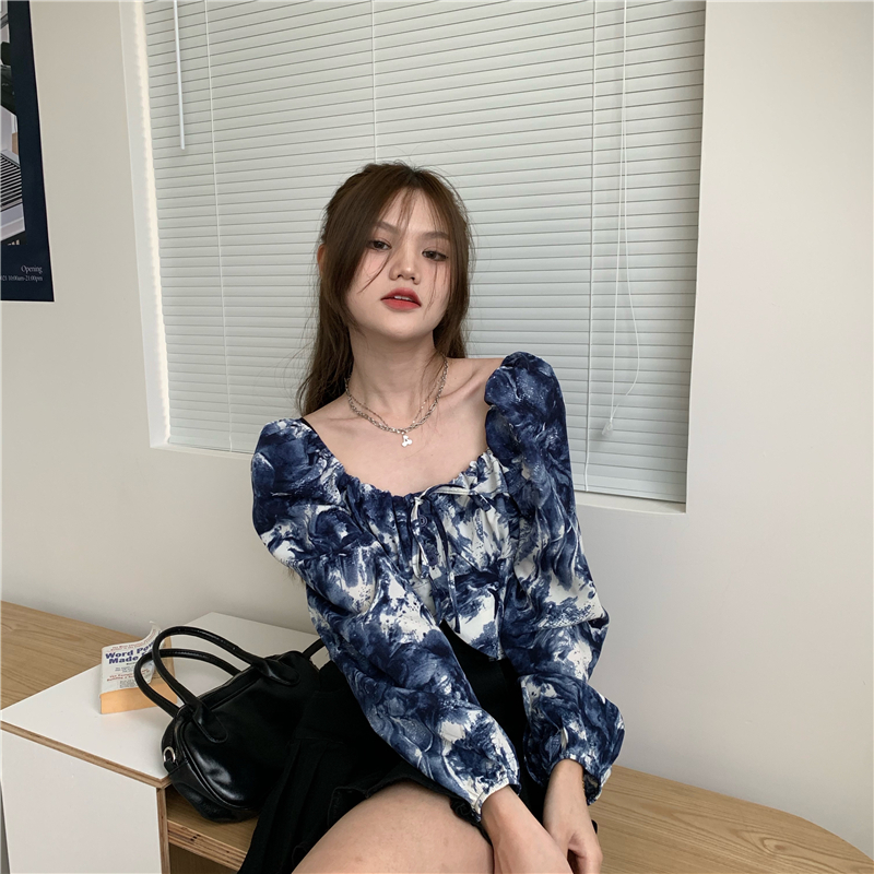 Square collar puff sleeve tie dye short long sleeve shirt