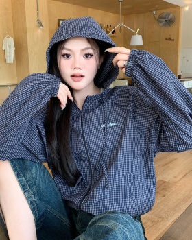 Korean style hooded jacket plaid sun shirt for women