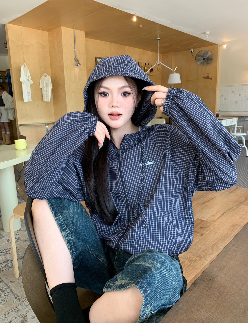 Korean style hooded jacket plaid sun shirt for women