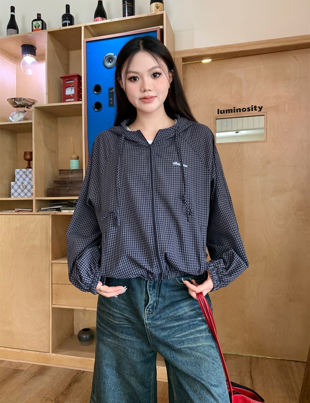 Korean style hooded jacket plaid sun shirt for women