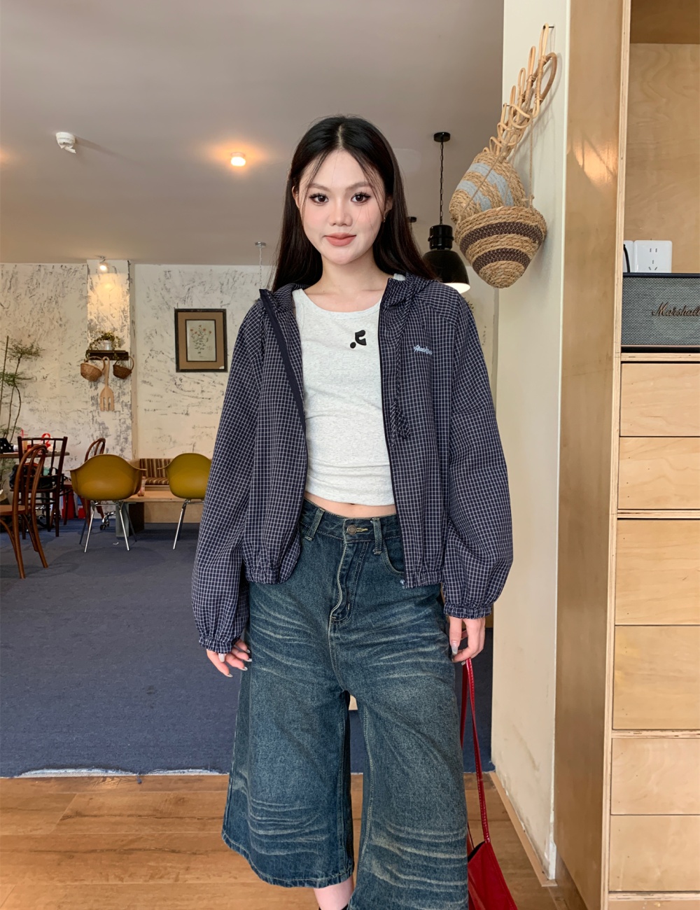 Korean style hooded jacket plaid sun shirt for women