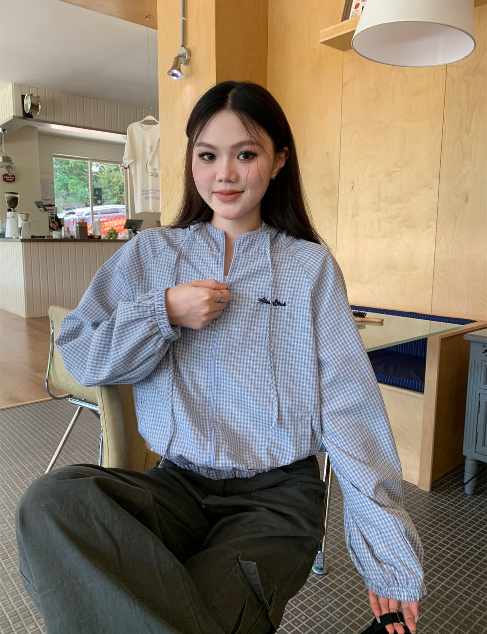Korean style hooded jacket plaid sun shirt for women
