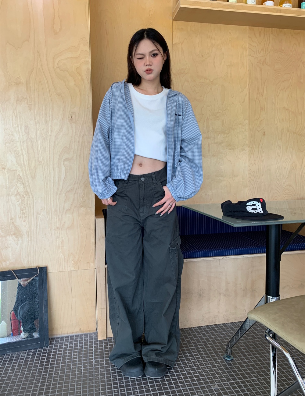 Korean style hooded jacket plaid sun shirt for women