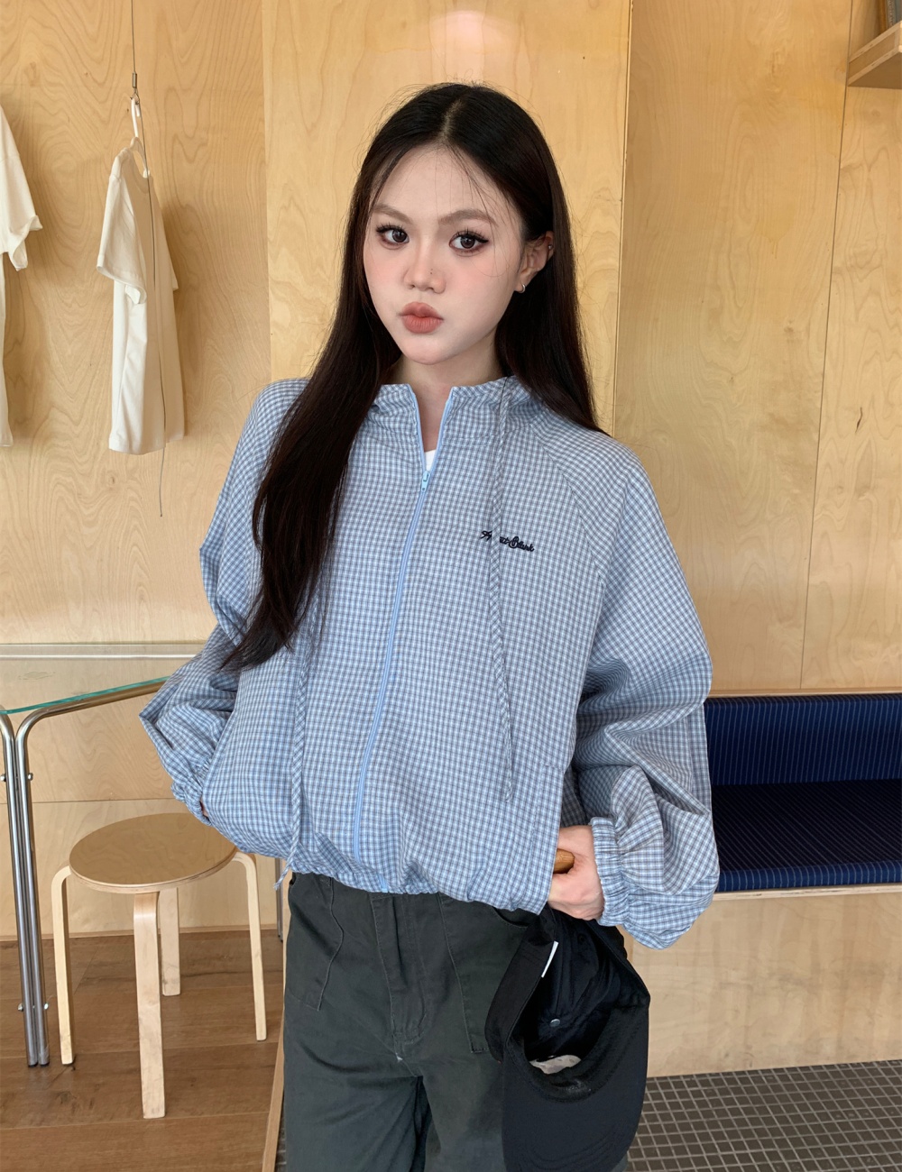 Korean style hooded jacket plaid sun shirt for women