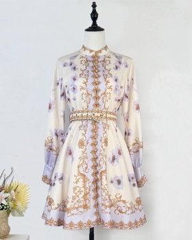 Printing niche pinched waist T-back retro cstand collar dress