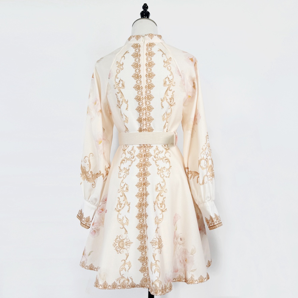 Printing niche pinched waist T-back retro cstand collar dress