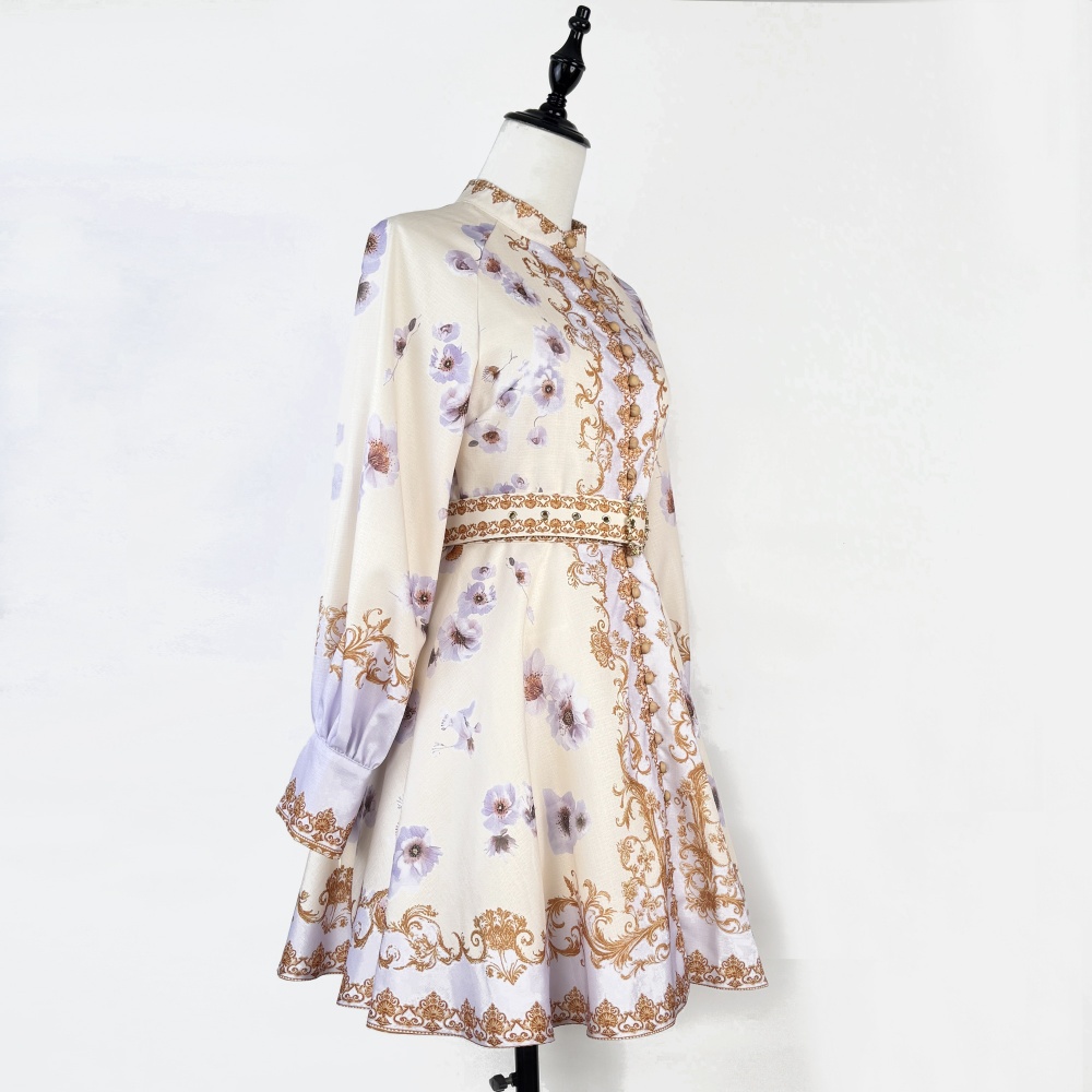 Printing niche pinched waist T-back retro cstand collar dress
