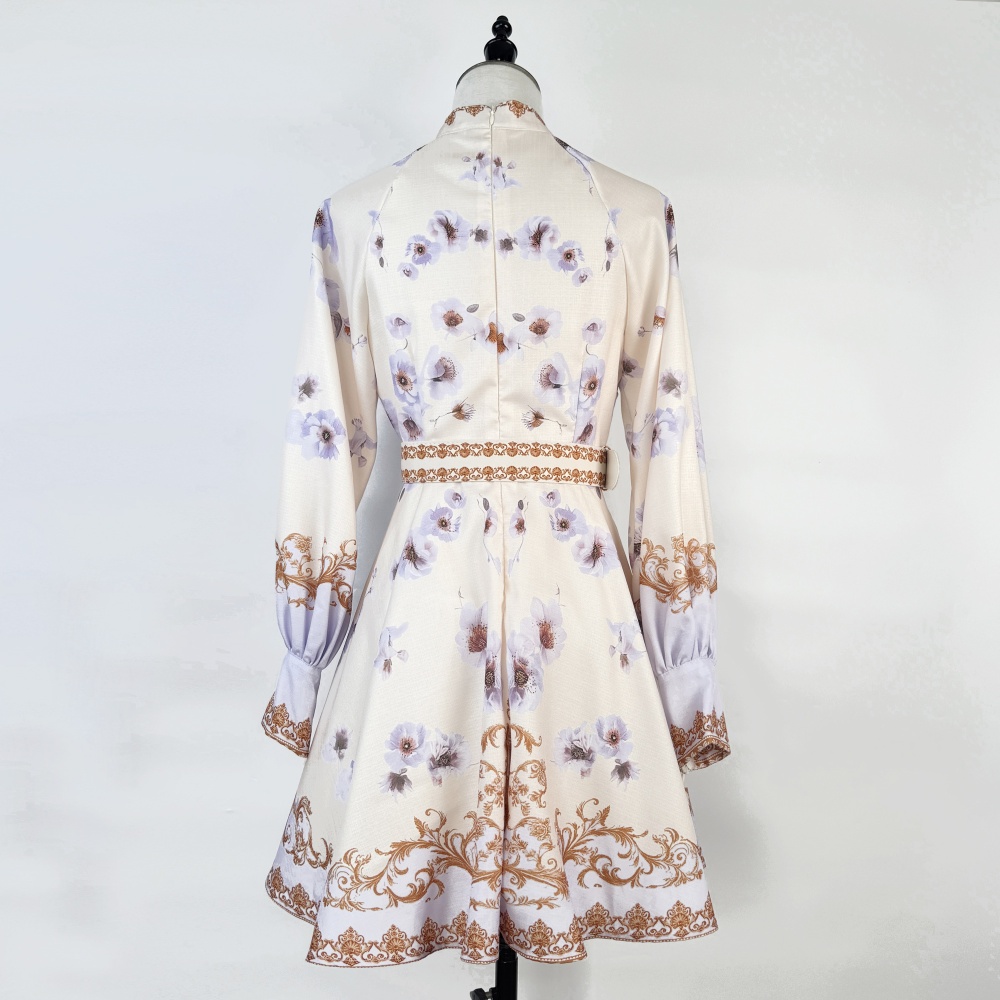 Printing niche pinched waist T-back retro cstand collar dress