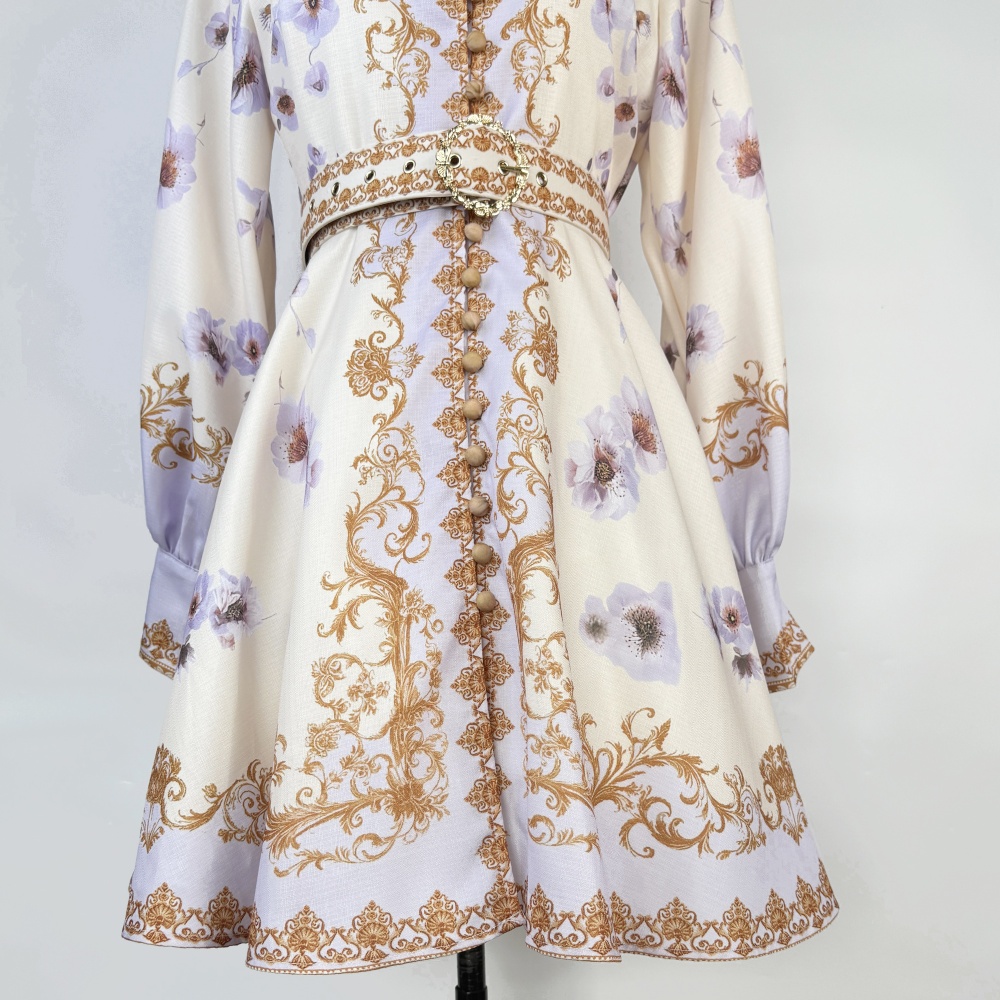 Printing niche pinched waist T-back retro cstand collar dress