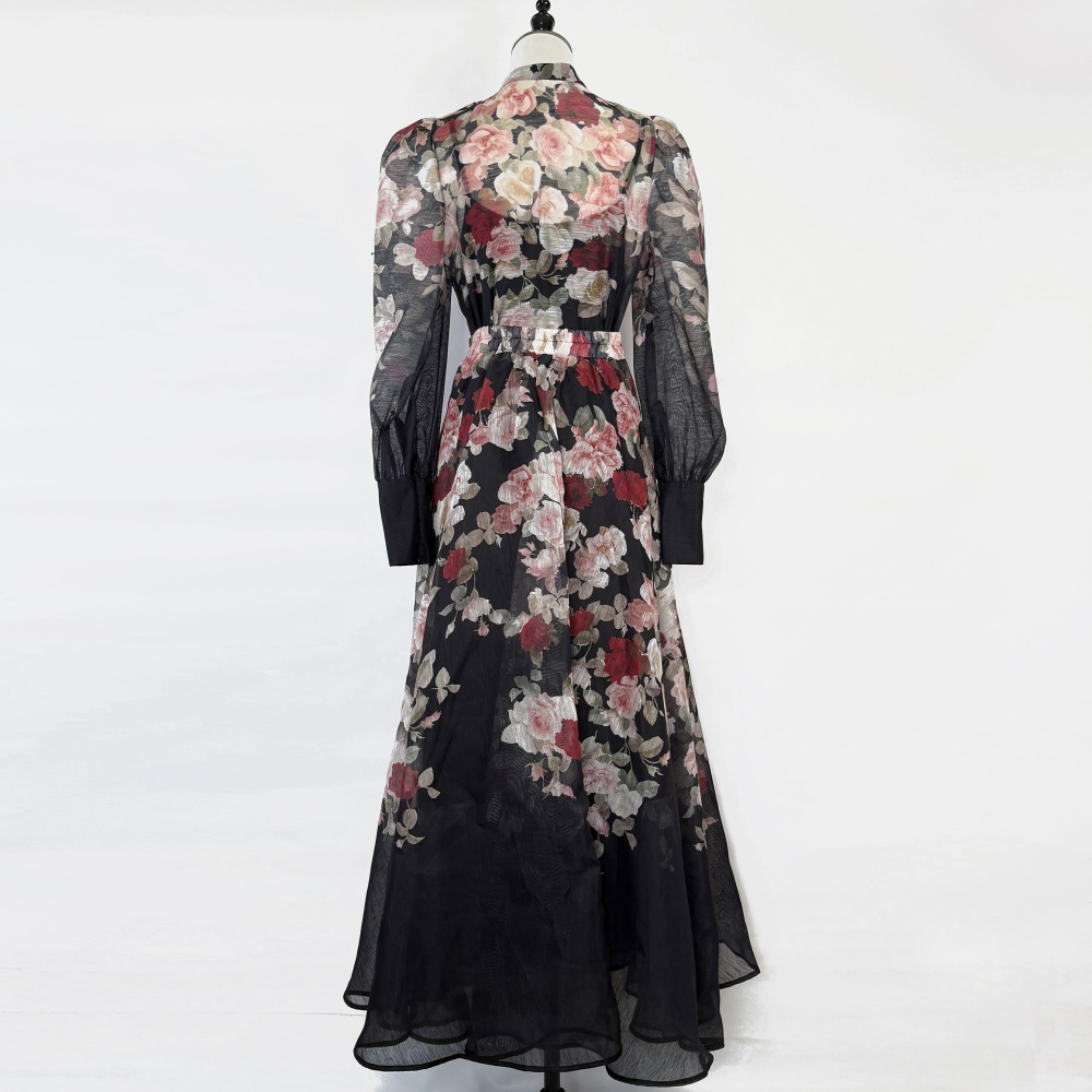 Retro canvas puff sleeve skirt long shirt a set