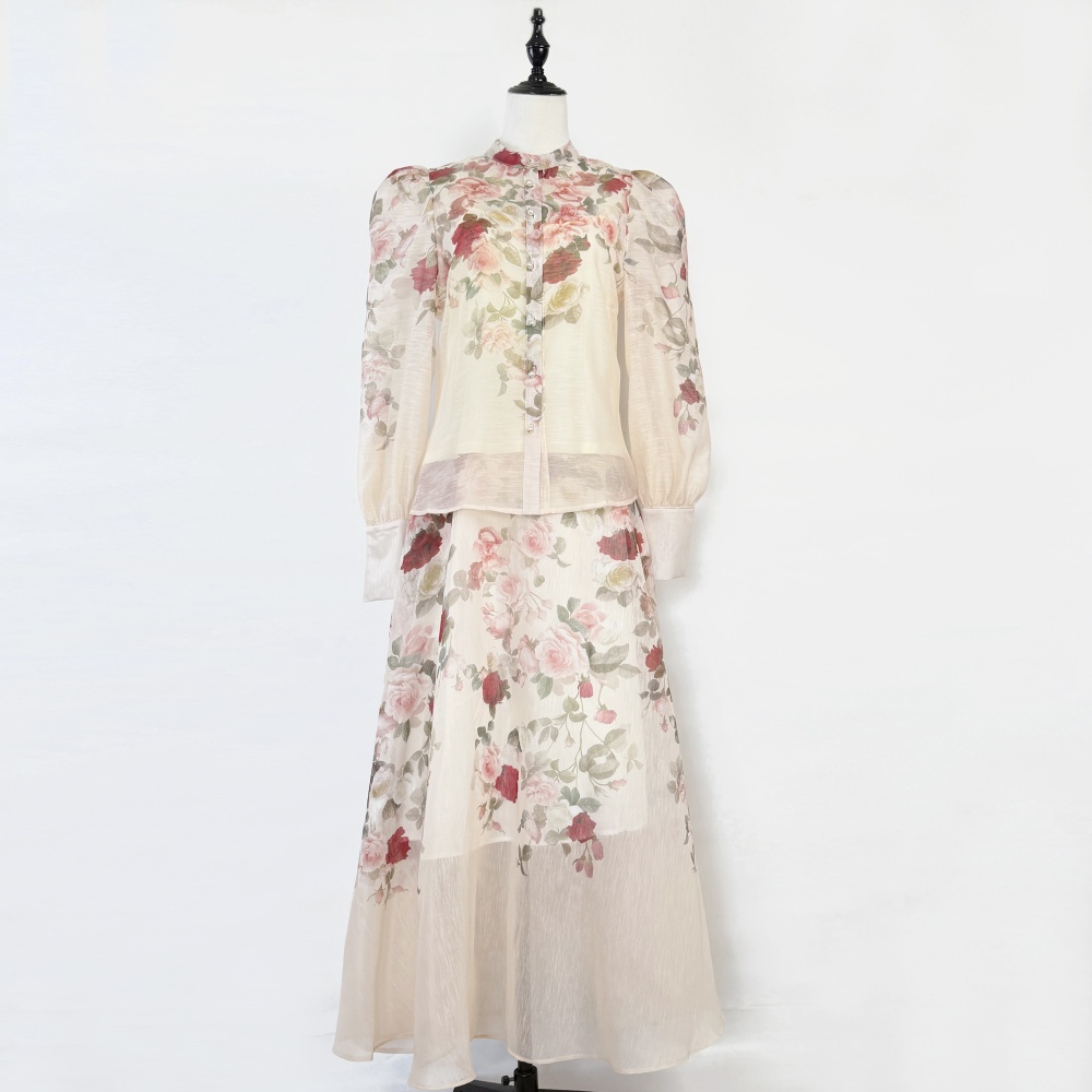 Retro canvas puff sleeve skirt long shirt a set