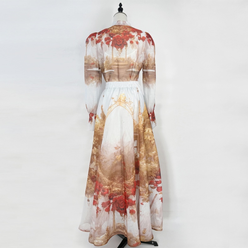 Retro canvas puff sleeve skirt long shirt a set