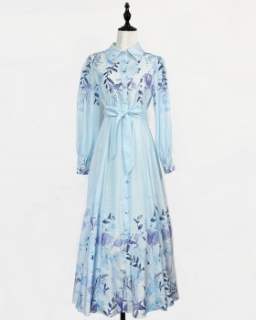 Printing lapel European style temperament retro autumn dress