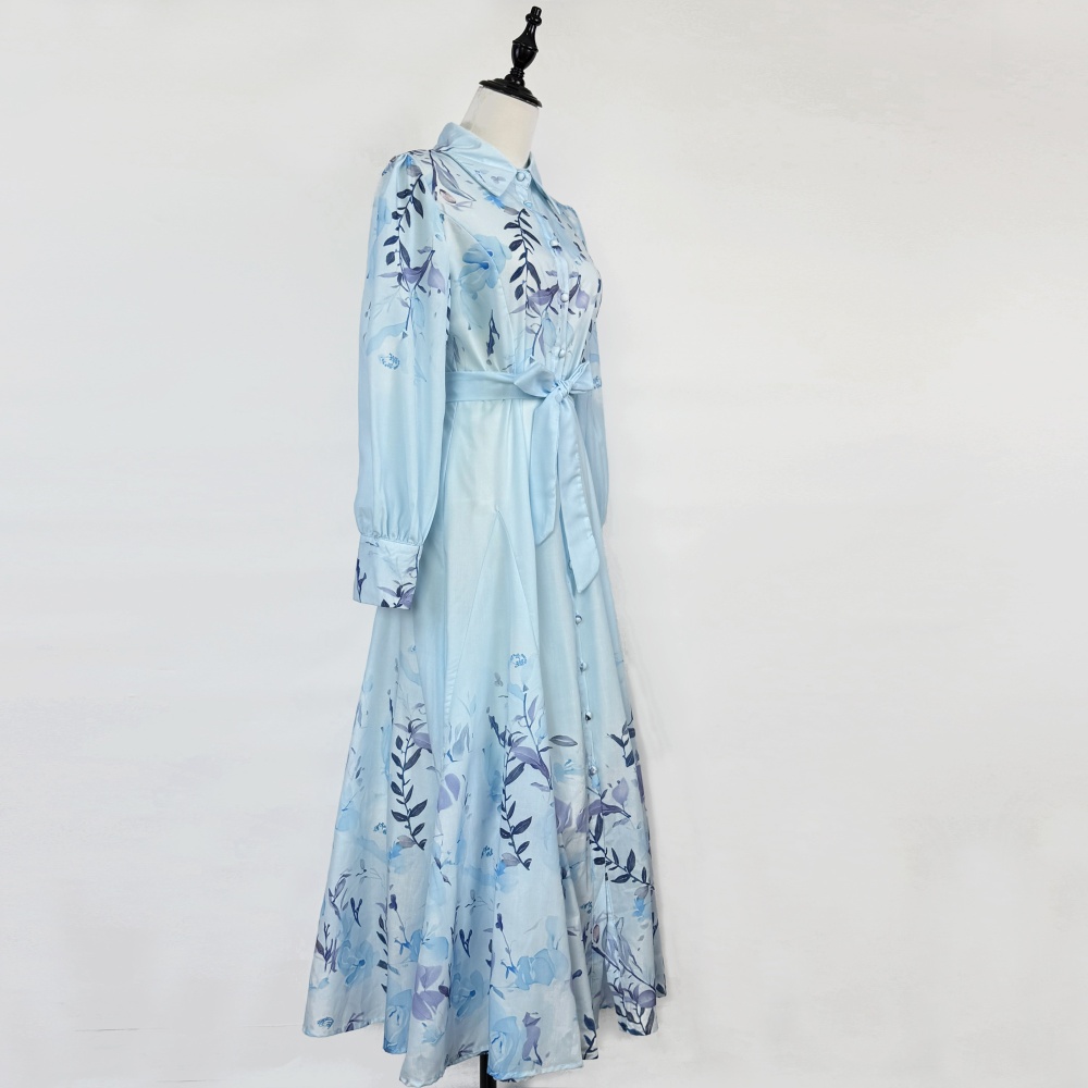 Printing lapel European style temperament retro autumn dress