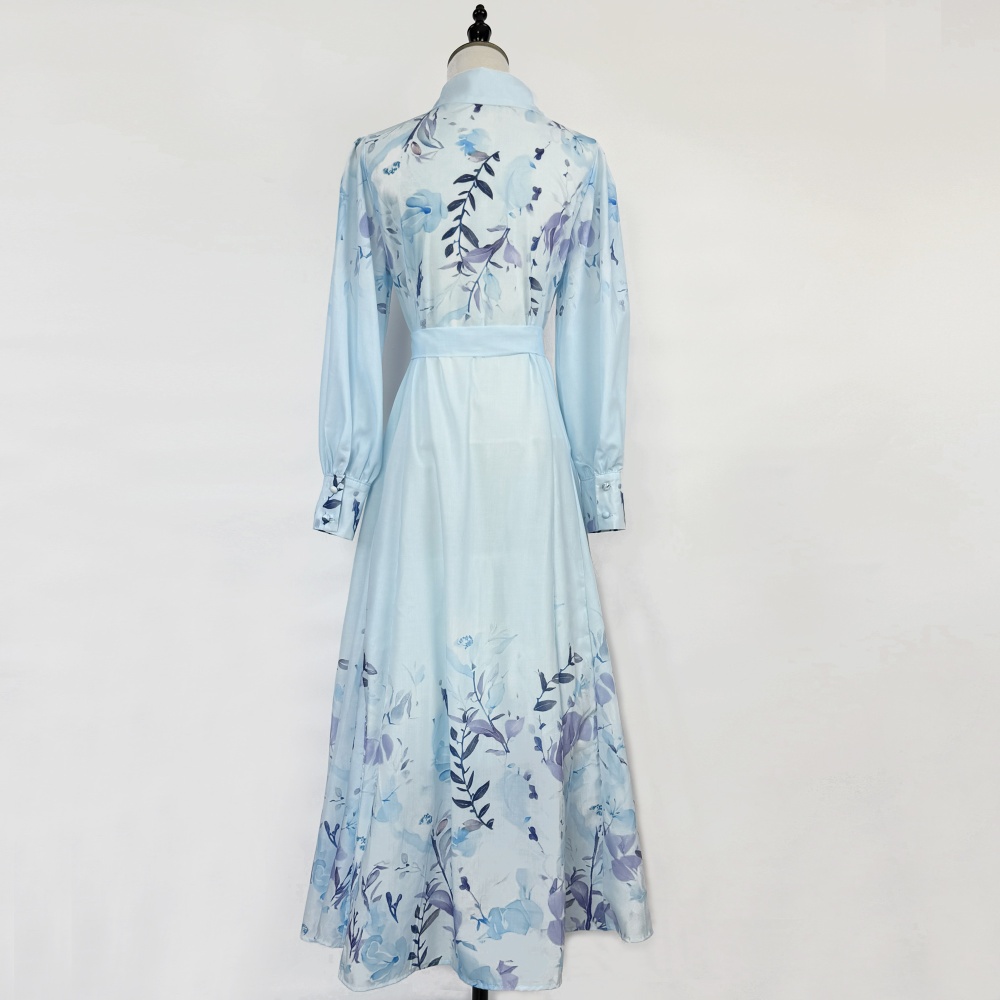Printing lapel European style temperament retro autumn dress