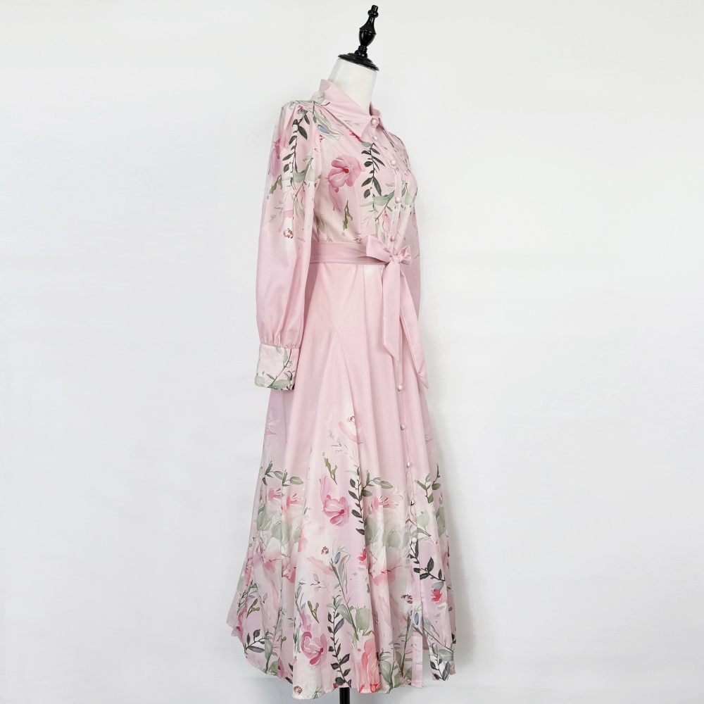 Printing lapel European style temperament retro autumn dress