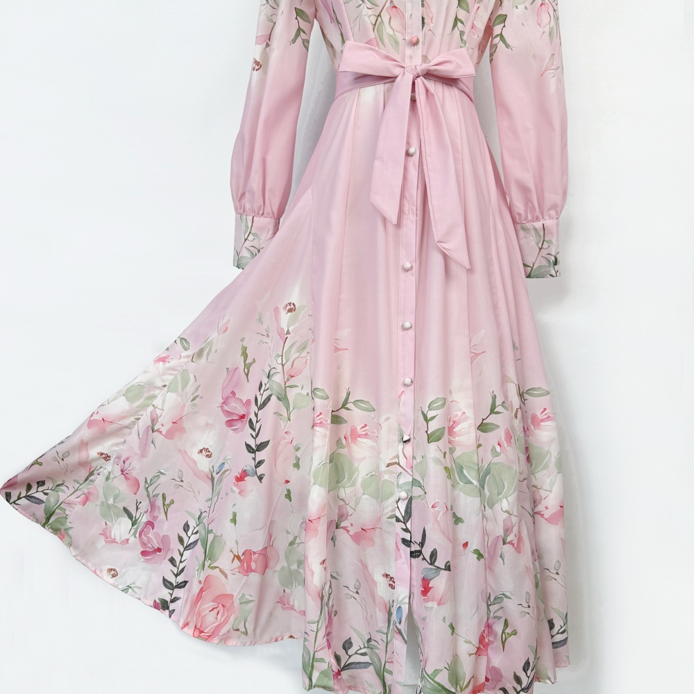 Printing lapel European style temperament retro autumn dress