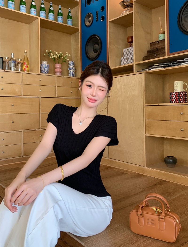 Temperament autumn slim tops short sleeve V-neck sweater