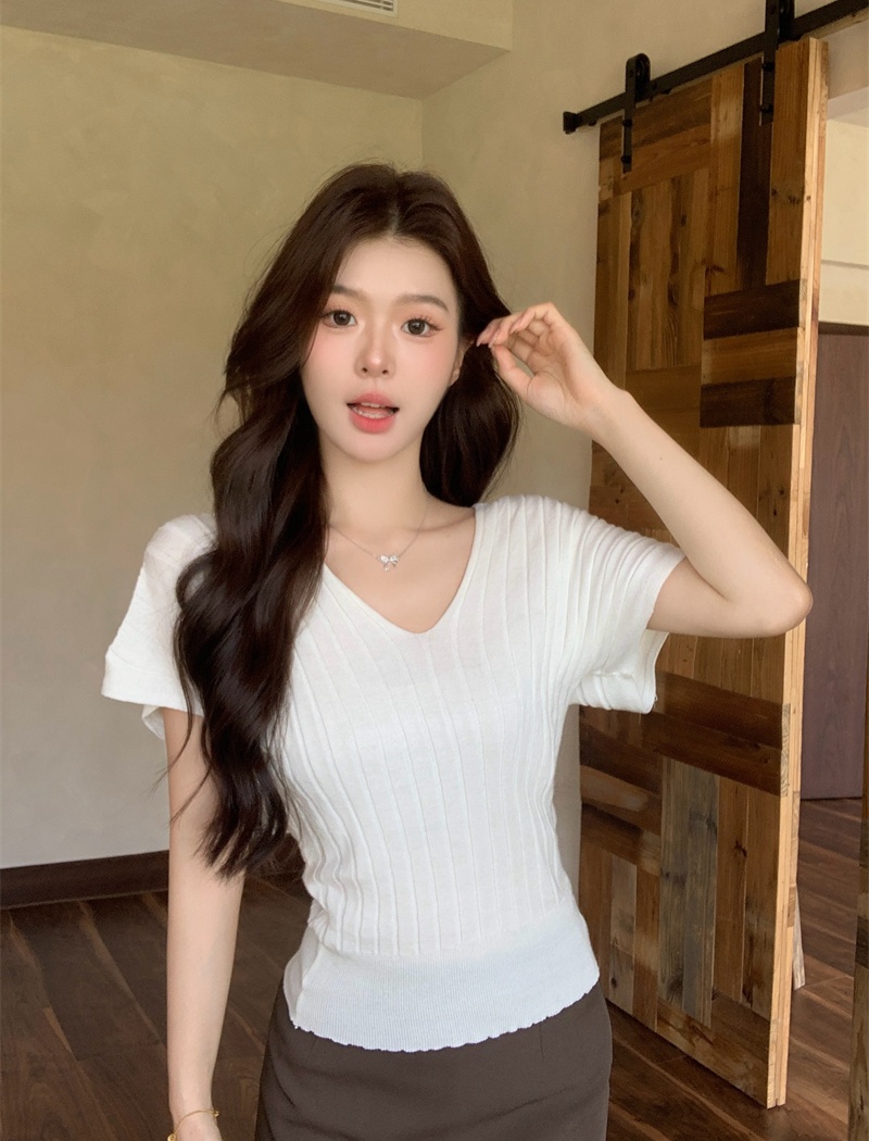 Temperament autumn slim tops short sleeve V-neck sweater