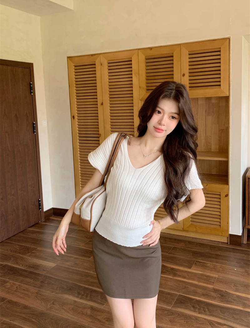 Temperament autumn slim tops short sleeve V-neck sweater