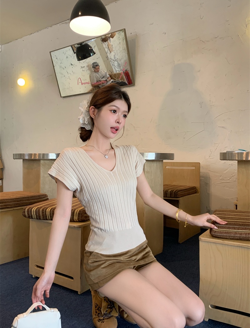 Temperament autumn slim tops short sleeve V-neck sweater