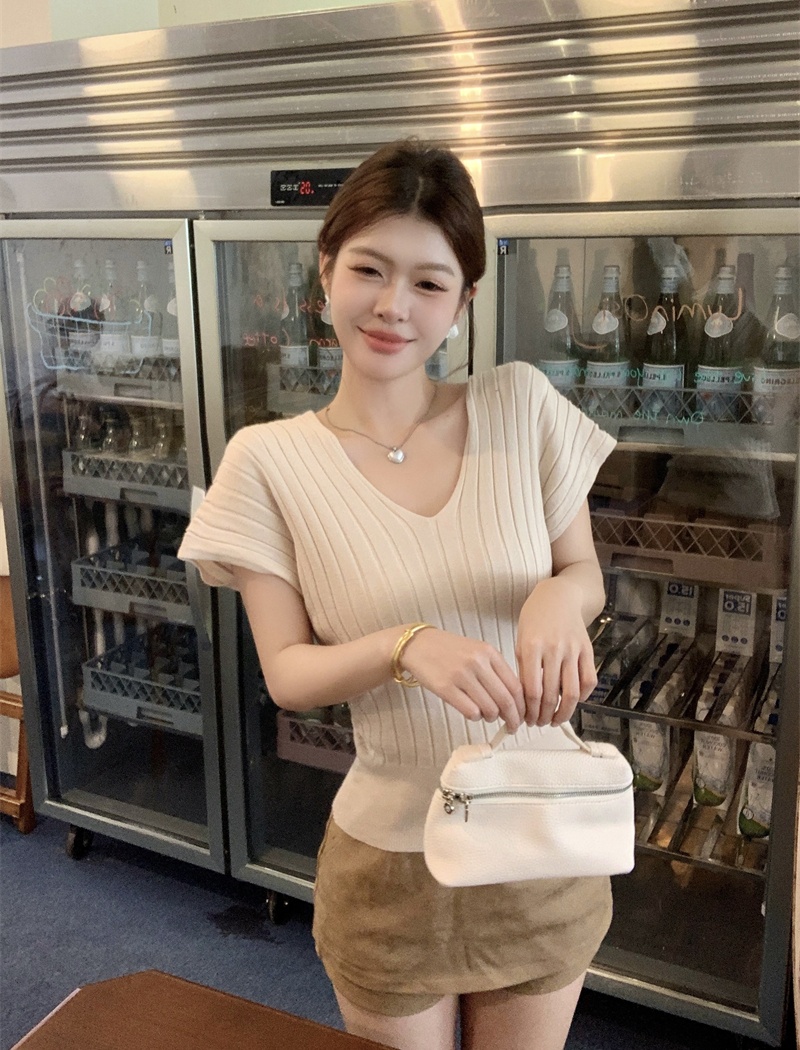 Temperament autumn slim tops short sleeve V-neck sweater