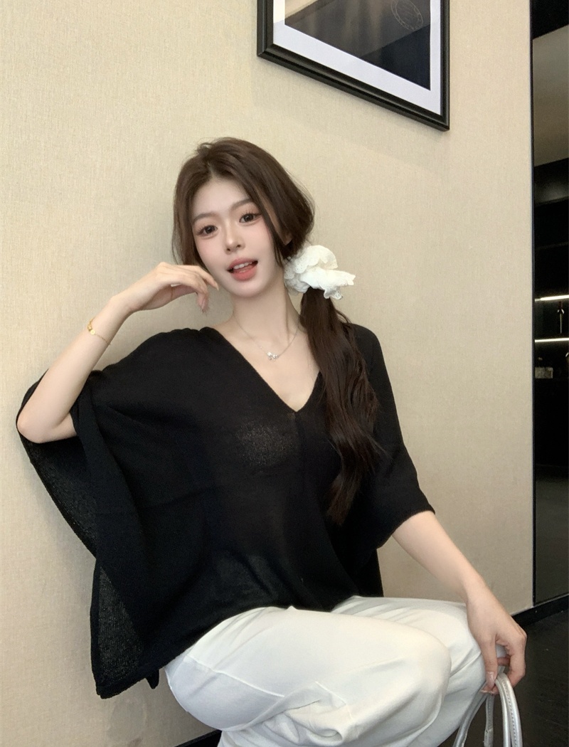 Knitted slim temperament bat sleeve V-neck tops for women