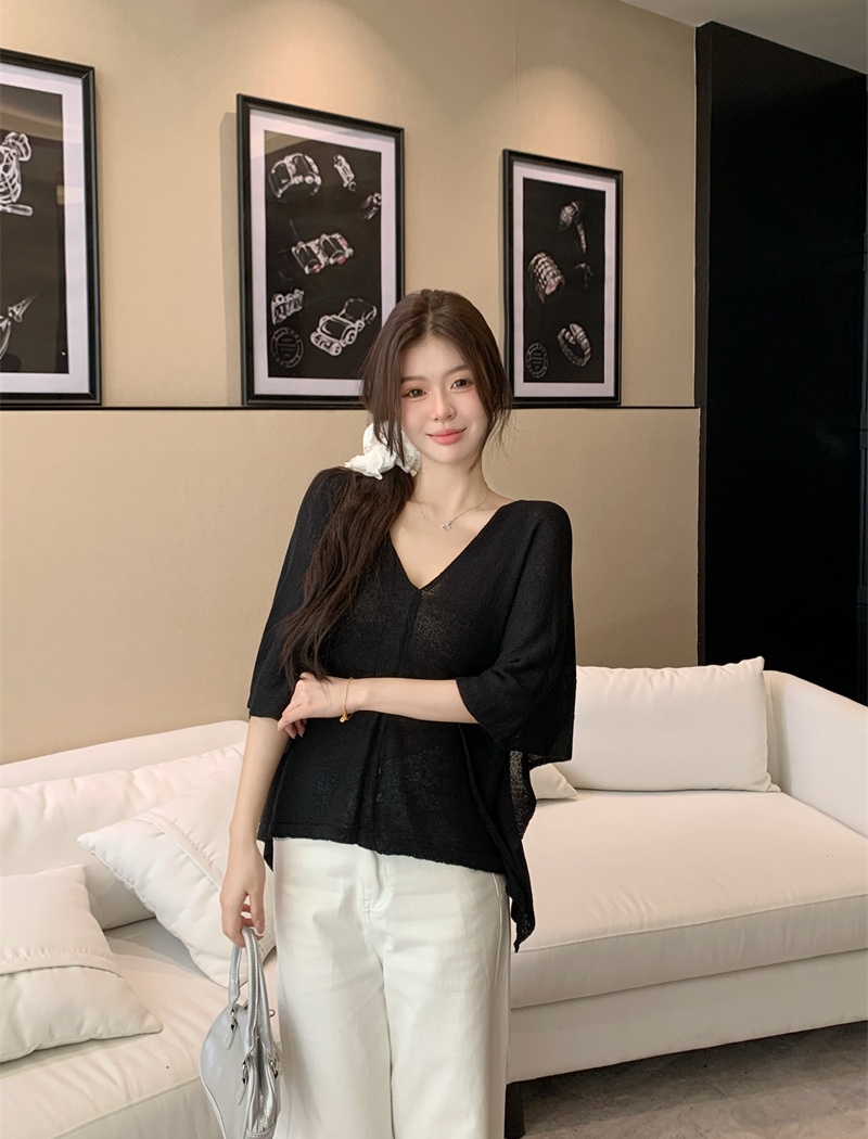 Knitted slim temperament bat sleeve V-neck tops for women