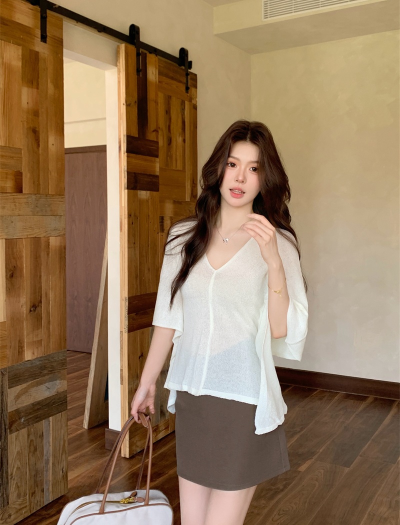 Knitted slim temperament bat sleeve V-neck tops for women